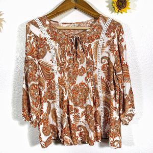Cato Est Orange Brown White Floral Puffy Sleeve Peasant Blouse Size Large Womens
